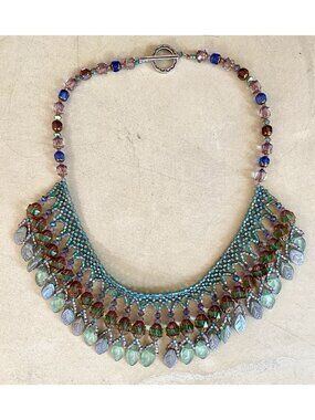Handmade Czech Glass Choker Necklace Green Leaves Sterling Clasp